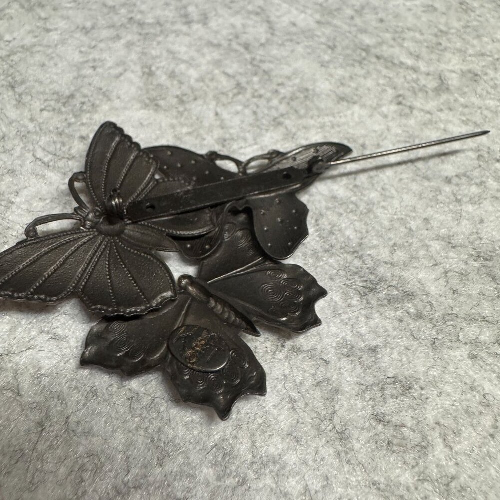 Vintage K&T Butterfly Trio Brooch Bronze/Gold/Silver Finish Metal Accent Pin - Picture 4 of 6